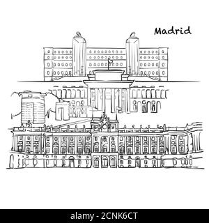 Berühmte Gebäude von Madrid, Spanien Zusammensetzung. Handgezeichnete schwarz-weiße Vektorgrafik. Gruppierte und bewegliche Objekte. Stock Vektor