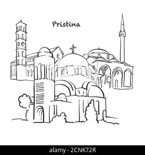 Berühmte Gebäude von Pristina, Kosovo Zusammensetzung. Handgezeichnete schwarz-weiße Vektorgrafik. Gruppierte und bewegliche Objekte. Stock Vektor