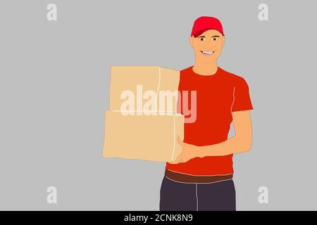 Lieferer mit einer Schachtel in den Händen, Illustration. Stockfoto