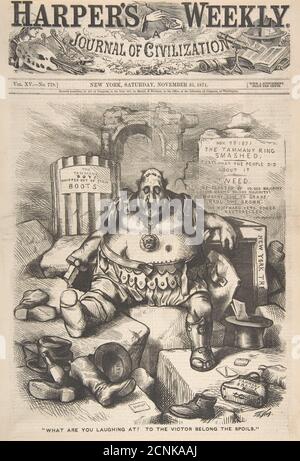 Worüber lachst du? Zum Sieger gehören die Beute (aus Harper's Weekly), 25. November 1871. Stockfoto