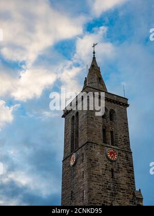 The Spire and Clock Tower of St Salvators Chapel, University of St Andrews, St Andrews, Fife, Schottland, Großbritannien, GB. Stockfoto