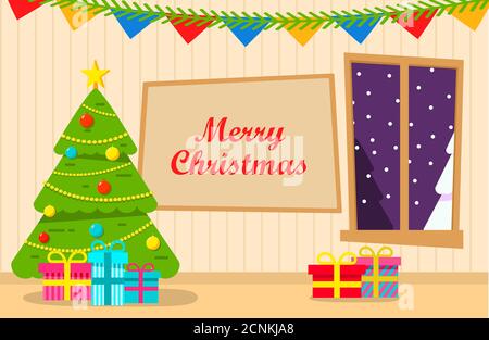 Weihnachtsbaum Innenraum dekoriert Wohnzimmer mit Geschenken. Stock Vektor