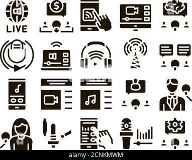 Podcast Und Radio Glyph Set Vector Stock Vektor