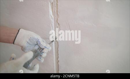 Ein professioneller Desinfektionsmittel in Overalls verarbeitet die Wände mit einem Pinsel aus Schimmel. Entfernung von schwarzem Pilz in der Wohnung und Haus. Aspergillus Stockfoto