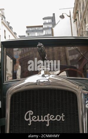 Die Figur eines Löwen auf der Motorhaube eines alten Autos. Stockfoto