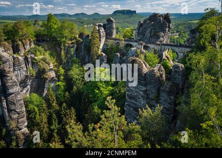 Brücke namens Bastei in der Sächsischen Schweiz, bei Sonnenaufgang und Nebel über der Elbe, Nationalpark Sächsische Schweiz. Stockfoto