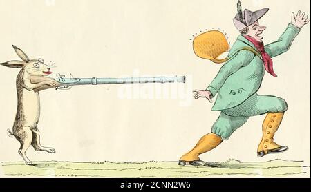 . joyeuses histoires et images drolatiques pour les enfants de . (12) et puis sans tambour ni trompette, n met sur son nez les lunettes, et puis Tise avec le fusil. Le chasseur a peur; tut saisi, H Gericht, Braut abattue, Criant: „Au secours! Auf mich di!. (13) Le fier cliasseiir. De bnnrl en liond,arrive au boni dun puils profond,El, lon de peui. sv pré&lt;ipi[e,Le lièvre Ure encor plus vite. Stockfoto