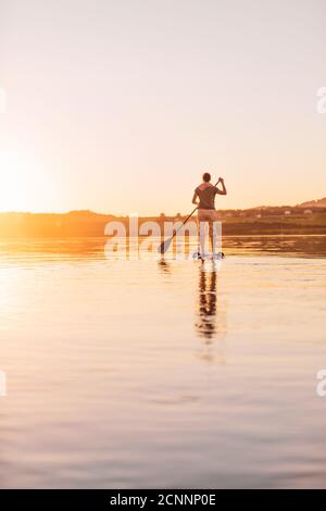 Junge Frau steht auf Paddleboarding bei Sonnenuntergang, Wallersee, Flachgau, Salzburg, Österreich Stockfoto