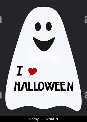 Lustige moderne Geist auf einem schwarzen Hintergrund. Vektor-Illustration Halloween-Design. Druck auf Papier, Stoff, Keramik Stock Vektor