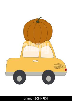 Halloween Vektor Illustration Kürbis auf dem Auto auf weißem Hintergrund. Bild für Halloween-Design, Bildungskarte Stock Vektor