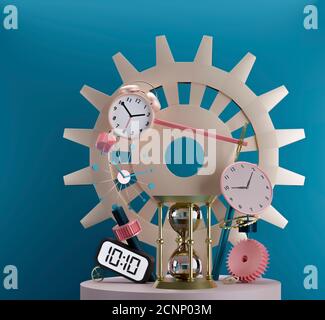 3D-stufige Mockup-Mockups Rendering verschiedener Uhren Uhren und Uhrenteile Ideal für die Anzeige von Time Piece Produktstand oder Werbedisplay Stockfoto