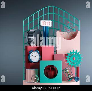 3D-stufige Mockup-Mockups Rendering verschiedener Uhren Uhren und Uhrenteile Ideal für die Anzeige von Time Piece Produktstand oder Werbedisplay Stockfoto