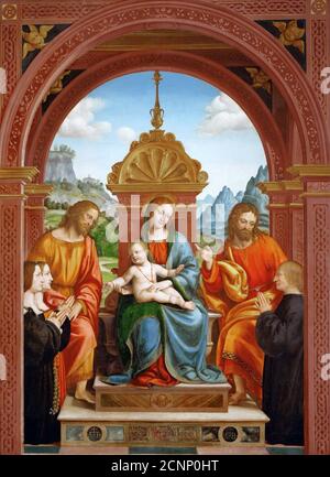 Madonna mit Kind mit den Heiligen Jakobus, Philipp und der Familie von Antonio Busti, 1515-1517. Gefunden in der Sammlung der Pinacoteca di Brera, Mailand. Stockfoto