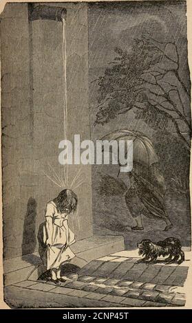 . Les malheurs de Sophie . ortir; detemps en temps elle allongeait le bras pour rece-voir la pluie; puis elle allongea un peu le cou pouren recevoir quelques gouttes sur la tête. En pas-sant sa tête ainsi en dehors, elle vit que la gout-tière débordait et quil en tombait un Grand jetdeau de Pluie. Elle se souvint en même temps queles cheveux de Camille frisaient mieux quand ilsétaient mouillés. « Si je mouillais les miens, dit-elle, ils friseraientpeut-être! » Et voilà Sophie qui sort malgré la pluie, quimet sa tête sous la gouttière, et qui reçoit, à sagrande joie, toute leau sur la tête, sur Stockfoto