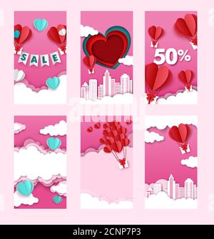 Valentinstag Verkäufe und Rabatte Social Media Geschichten, Beiträge Vorlage, Papier schneiden Stil Illustration. Stock Vektor
