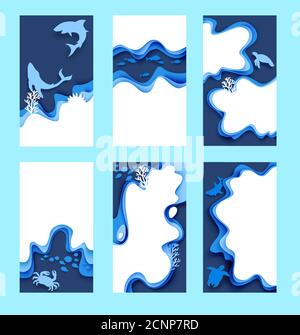 Unterwasser Welt Social Media Geschichten, Beiträge Vektor Vorlage, Papier schneiden Stil Illustration. Stock Vektor