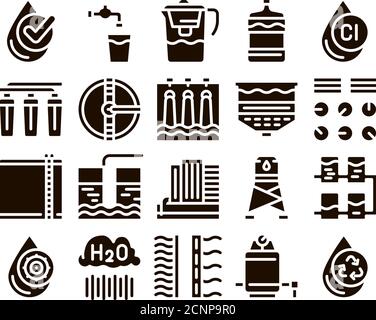 Elemente Der Wasseraufbereitung Glyphen Symbole Vektor Setzen Stock Vektor