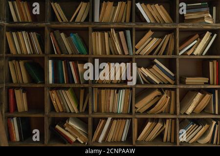 Bücher auf Regalen in einem Holzregal. Bücherregal ist wie ein Hintergrund. Hochwertige Fotos Stockfoto