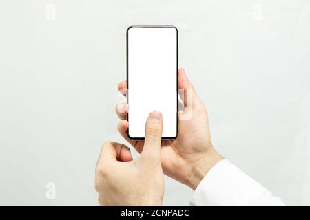 Touching white screen smartphone with isolated background Stockfoto