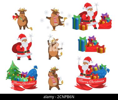 Happy Santa Claus und niedlichen Ochsen, chinesische Neujahr 2021 Zeichen. Frohe Weihnachten Symbole, flache Vektor isolierte Illustration. Stock Vektor