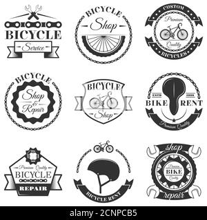 Vector Set von Fahrrad-Werkstatt-Etiketten und Design-Elemente in Vintage schwarz-weiß-Stil. Fahrradlogo Stock Vektor