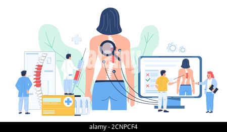 Osteopathie, Wirbelsäulenerkrankungen Diagnose. Arzt Osteopathen Untersuchung, Beratung, flache Vektor-Illustration. Stock Vektor