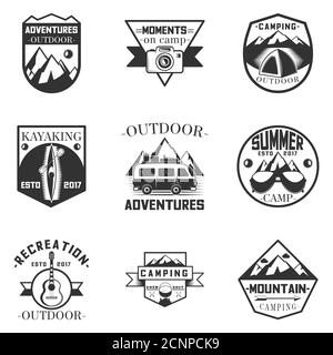 Vector Set von Outdoor-Aktivitäten, Camping und Expedition Labels im Vintage-Stil. Design-Elemente, Symbole, Logo. Camp Outdoor Abenteuer Illustration. Stock Vektor