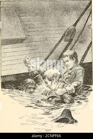 . Als wir die Gaspee zerstörten: Eine Geschichte von Narragansett Bay im Jahr 1772. Wer war verwundet worden. Der Engländer, der mich zu drosseln versuchte, war ein Seemann, der zweimal mein Gewicht hatte, und hatte einen großen Vorteil, da seine beiden Hände um meine Kehle geklemmt waren; Daniel aber kam schnell zu Hilfe. Sobald er aus dem Wasser geriet, lief der Junge in kurzer Entfernung den Hang des Decks hinauf und sprang dann mit so guter Wirkung auf meinen Gegner herab, daß wir alle drei wieder unter der Oberfläche verschwanden. Aber als wir heraufkamen, waren die Kameraden nach meinem Hals gerissen. Es hätte gut gedauert Stockfoto
