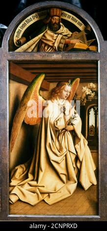 Das Genter Altarbild. Anbetung des mystischen Lammes: Der Erzengel Gabriel, 1432. Gefunden in der Sammlung der Saint Bavo Kathedrale, Gent. Stockfoto