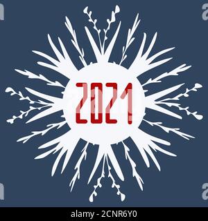 2021 Neujahrsdesign. 2021 auf Schneeflocke. Feier Poster, Banner oder Grußkarte. Vektorgrafik auf blauem Hintergrund Stock Vektor