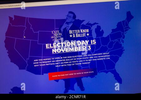 Screenshot der Website „A Late Show with Stephen Colbert“ www. betterknowaballot.com mit Informationen zur Abstimmung für die US-Wahl 2020. Stockfoto