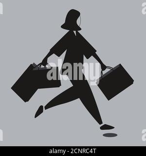 Schwarzer Freitag. Vektor flache Illustration Shopping-Zeit. Silhouette der Frau mit sopping Taschen läuft zum Verkauf. Stock Vektor