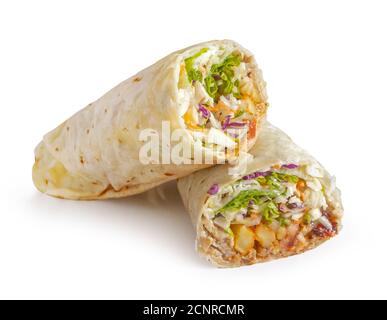 Döner Kebab Wrap isoliert auf weißem Hintergrund, Tortilla Stockfoto