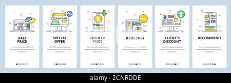 Online-Shopping Sonderangebote, Rabatte, zum halben Preis, Weiterverkauf. Mobile App-Bildschirme, Vektor-Website-Banner-Vorlage. Stock Vektor