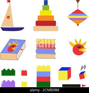 Spielzeug. Spielen und lernen. Vektorgrafik. Isoliert auf weißem Hintergrund. Drucken auf Papier, Stoff, Keramik Stock Vektor