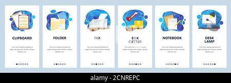 Büroausstattung, Schreibwaren, Schreibtischzubehör. Mobile App Onboarding Bildschirme, Vektor-Website Banner Vorlage. Stock Vektor