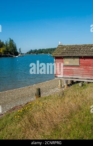 Ein Schuppen an der Mystery Bay auf Marrowstone Island in der Nähe von Port Townsend, Jefferson County, Washington State, USA. Stockfoto