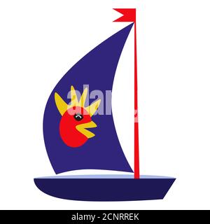 Farbiges Boot mit Huhn auf einem Segel auf weißem Hintergrund. Vektorgrafik Cartoon-Illustration. Muster für Interieur, Mode. Illustration für Kinder Bo Stock Vektor