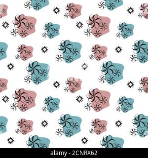 Nahtloses Muster schwarz umrandet Blumen auf rosa und blau Blot. Vektor-Illustration für Hintergrund Textil-Design Stock Vektor