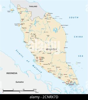 Vektorkarte der malaiischen Halbinsel mit den wichtigsten Städten, Malaysia Stock Vektor