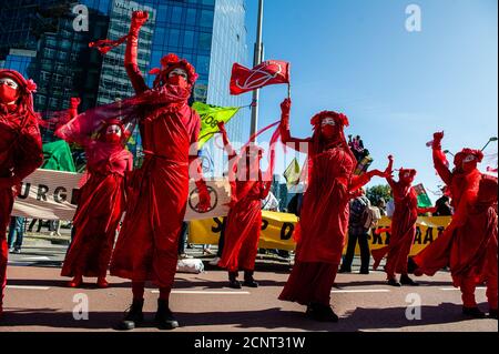 Amsterdam, Niederlande. September 2020. Die Roten Rebellen sahen während der Demonstration Gesten vor der Blockade machen.vor der Blockade versammelten sich Klimaaktivisten während einer legalen Demonstration am Gustav Mahlerplein, wo die Roten Rebellen auftauchten. Danach blockierten die Aktivisten die Hauptstraße des Finanzdistrikts während eines friedlichen zivilen Ungehorsams. Mit diesen Aktionen fordert XR eine Bürgerversammlung für eine faire Klimapolitik. Nach einigen Stunden wurden mehrere von ihnen von der niederländischen Polizei verhaftet. Kredit: SOPA Images Limited/Alamy Live Nachrichten Stockfoto