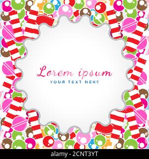 Vektor-Illustration von bunten süßen Süßigkeiten runden Etikett. Geeignet für Social Media Post, Banner, Grußkarten oder Printmedien Werbung Stock Vektor