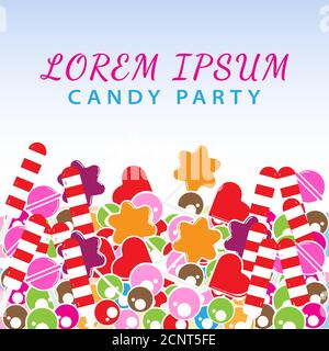 Bunte süße Bonbons mit leeren Raum Vektor Illustration. Hintergrunddesign-Vorlage. Geeignet für Social Media Post, Banner, Grußkarte Stock Vektor