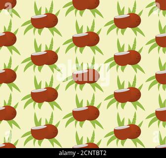 Nahtloses Muster mit tropischer Kokosnuss und Palmblättern. Flache Vektorgrafik. Stock Vektor