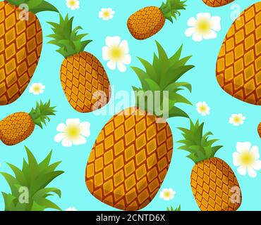 Sommer realistische Ananas nahtlose Muster, Palmblätter und Blumen. Stock Vektor