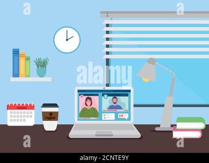 Szene der Telearbeit zu Hause, Paar auf Videokonferenz in Laptop Stock Vektor