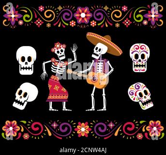 Tag der Toten Skelett Zucker Schädel und mexikanischen Blumenschmuck Stock Vektor