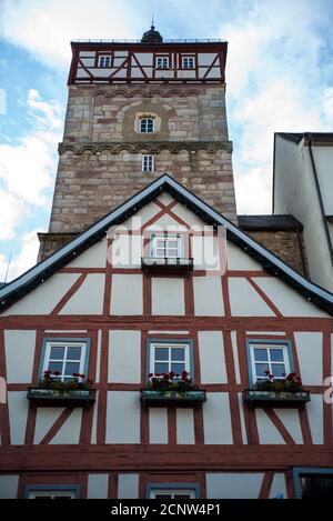 Bischofsheim vor der Rhön, Unterfranken, Bayern, Deutschland, Fachwerk, Mittelturm Stockfoto