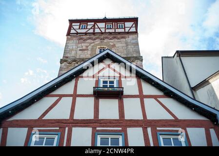 Bischofsheim vor der Rhön, Unterfranken, Bayern, Deutschland, Fachwerk, Mittelturm Stockfoto