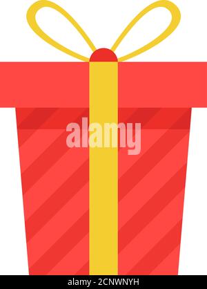 Geburtstagsbox rot mit gelber Schleife. Weihnachtsgeschenk Ikone. Strahlendes Ornament für den Urlaub. Partykarte. Vektorgrafik Stock Vektor